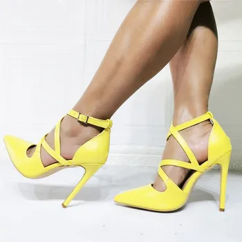 Дамски обувки-лодка с преминаването каишка, жълти обувки на висок ток, пикантен дамски обувки с остър пръсти и изкривени, тънки сандали на висок ток, Лято 2021