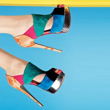 GOOFLORON НОВИ дамски сандали, мода товари, безплатно, 12,5 см многоцветен кожена комбинация, сандали на висок ток с отворени пръсти
