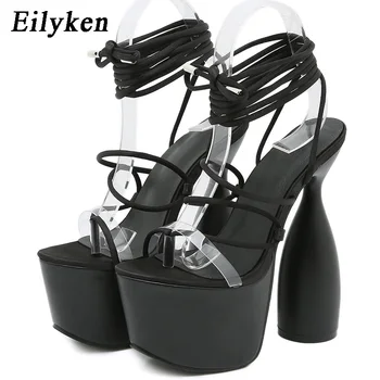 Eilyken / Модни Дизайнерски Джапанки с джапанки на щиколотке дантела; Клубни дамски Тесни сандали с отворени пръсти на Дебелото обувки На Супер Висок ток