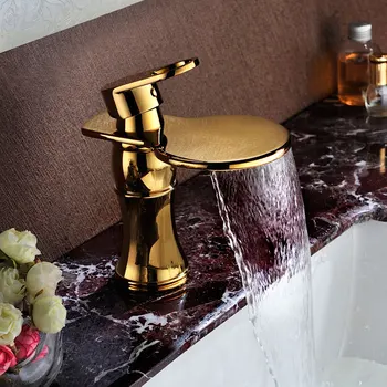 Златна декорация Високо качество месинг баня мивка водопад кран златен басейн Топла и студена вода кран кран-MD1837
