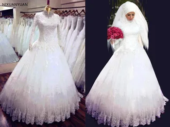 2021 Дълги Ръкави Мюсюлманската Сватбена Рокля с Високо воротом Дантела Дълга рокля de mariage Ислямски арабски Сватбени Рокли Vestido De Новия