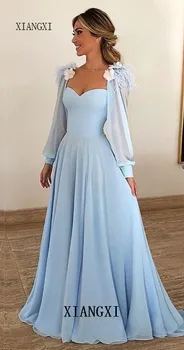 Ciel bleu musulman robes de soirée 2020 a-ligne chérie manches longues en mousseline de soie grande taille saoudien arabe dubaï