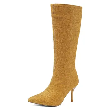 Sgesvier / Есенните Модни Блестящи Стрейчевые ботуши; дамски ботуши до коляното 2020 г.; Зимни дамски обувки на тънък висок ток; Вечерни обувки Размер 47