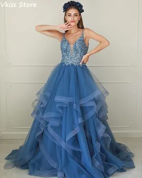 Синя Вечерна рокля 2020 A-line Spaghetti Strap Bead Пайета V-образно деколте Ruffel Дължина на пода на Облегалката Абитуриентски Рокли рокли на знаменитости