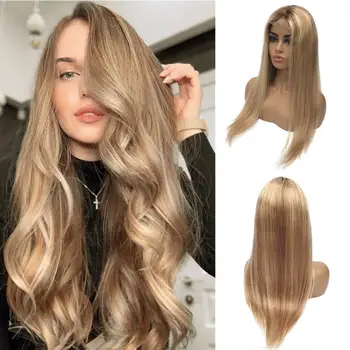 Блондинката Highlight 13x4x1 T Part Lace Front Wigs Ombre Straight Glueless Pre Plucked Middle Part Human Hair Перуки С Детски Коса