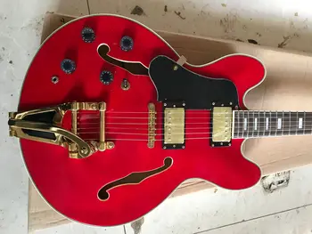 безплатна доставка Нов F hole body Jazz red guitar with bigsby Hollow body Electric Guitar Left hand В присъствието на Кораб веднага 8 335