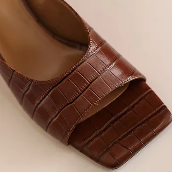 Дамски летни сандали от естествена кожа на тънък висок ток с отворени пръсти с каменен модел, елегантни дамски джапанки с високо качество, джапанки, разпродажба