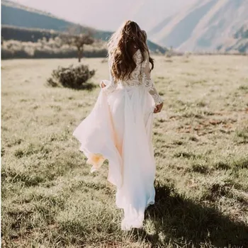 Бохемска Country Wedding Dresses Long Sleeves A-Line Robe De Mariée Дантела Applique Шифон Boho Bridal Dress