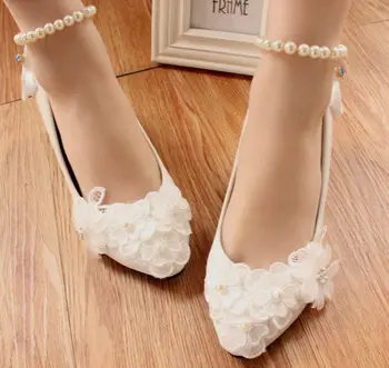 2018-нови дамски обувки за сватба бели дантелени глезена мъниста ластични колани удобни обувки за сватба