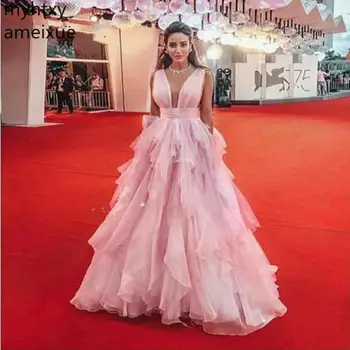 Ярко-розово, V-образно деколте Трапецовидна форма Елегантно Облечен Плюс Размер Вечерна Рокля 2021 Abiye Robe De Soiree Официалната Парти Ever Pretty Рокля Elbise