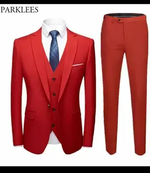 3-Piece Men Костюми Custom Made Slim Fit Red One-button Groom Cotton Blend Party Formal Носете Business Suite For Man