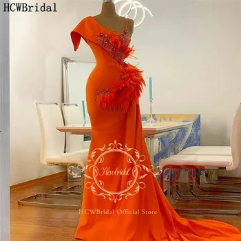 Страхотно Оранжево Дълго Африканско Вечерна Рокля С Перо Chic Crystal Satin Plus Size Special Occasion Dresses For Women Dresses