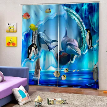 Син oecean делфин завеси Спалня хол ветрозащитный удебеляване на плътен плат
