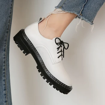 Обувки на Равна Платформа за Жени От Естествена Телешка Кожа, Дантела С Кръгла Пръсти, Черен, бял Цвят Реколта Обувки 