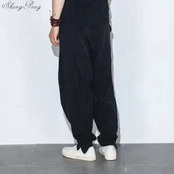 Китайските мъжки черни ленени панталони Китайската мъжки дрехи кунг-фу панталони традиционната китайска облекло за мъже източна облекло Q011