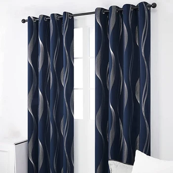 2-Piece Room Blackout Curtains, Wave Stripe Aluminum Foil Printed Grommet Curtains, Blue
