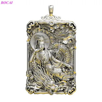BOCAI S999 Сребро Чар Висулка Авалокитешвара Дракон Статуя на Буда Правоъгълник Чист Argentum Амулет за Мъже и Жени