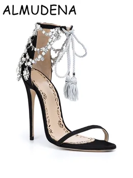 Блинг блинг Бижута Chain Fringe Lace-up Suede Thin High Sandal Black Fashion Elegance Banquet Shoes