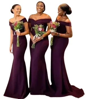 2022 Русалка Рокля на Булката и Дълги Рокли на Африкански Виолетово С рамо Атлас Почистване Влак Сватба Гост придворна дама