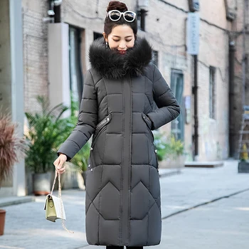 Дамско Зимно яке X-long Solid Female Coat Hooded Slim With Fur Collar Дебели Извънгабаритни Памук Дневни Дамски Паркове