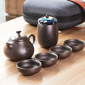 Кунг-фу чайник за чай комплект,Красив и лесен coffee maker,Китайски Пътуване Керамични Преносим Чайник,Керамична Тава Кафеена Чаша гайвань