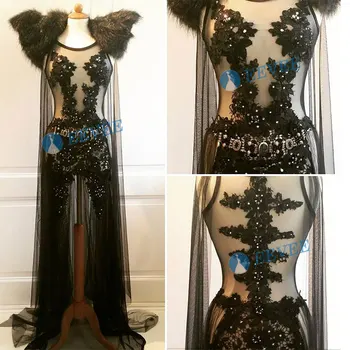 черна перспектива Дантела и Кристали боди рамото комплекти костюми са секси певицата джаз танц сценична облекло шоу костюм