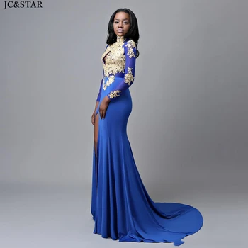 Vestido gala new high neck satin decals long sleeve high split секси русалка royal blue gold African prom dresses long Dubai