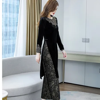 Традиционната Азия етническа облекло Индийски стил Вышитое рокля в класически черен комплекти ориенталски елегантен костюм