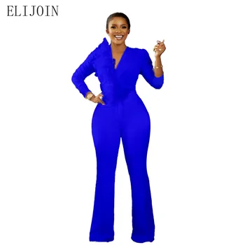 ELIJOIN Женски Случайни Гащеризон Плътен Цвят С Дълъг Ръкав, Тънък Висока Талия Африка Гащеризон Модни Панталони Комплект