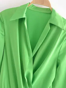 Секси Зелена Рокля 2021 Мода С Възглавничките На Плиссированное Луксозно Уютно Мини Рокля Риза Винтажное С Дълъг Ръкав И Странични Копчета Къси Рокли Mujer