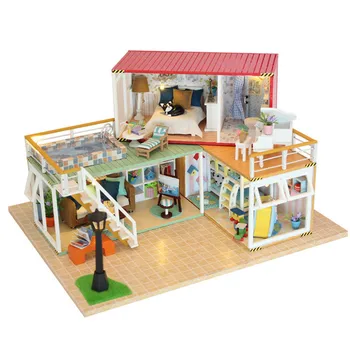 Гореща разпродажба Puppenhaus Сам Куклена Къща със Защитен Капак Модел на Сградата Миниатюрни Дървени Обемни Играчки Модел Куклена Къща на Мебели