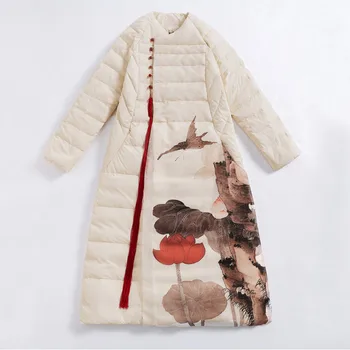 2017 Зима елегантен винтидж Яке печат Палто Китайски стил дами V образно деколте четката национален вятър се отглежда мек тънък дълго палто