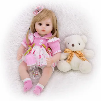 46 см bebe кукла reborn бебе момиче кукла в розова рокля меко тяло силикон дете reborn гладка дълга коса кукла l.о.l