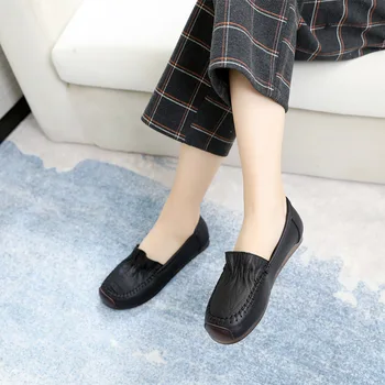 DRFARGO / Дамски обувки на плоска подметка от естествена кожа без шнур, по-големи размери 43, мека дишаща подметка, черна ежедневни обувки за шофиране, Femme Chaussure
