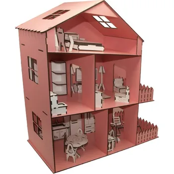 MiniQ Wooden Toys Play House Set-Pink White